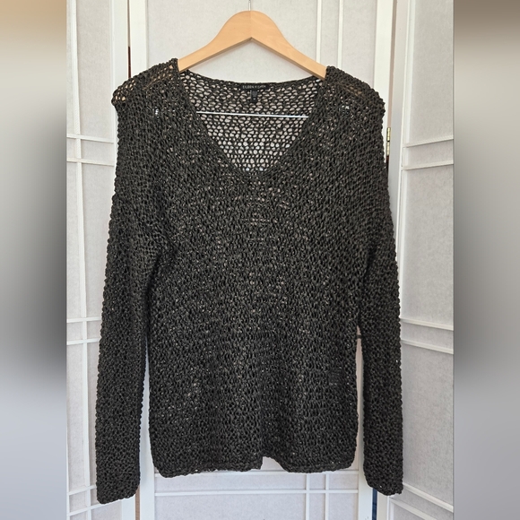Eileen Fisher Dark Green Open-Knit V-Neck Sweater - Picture 1 of 8